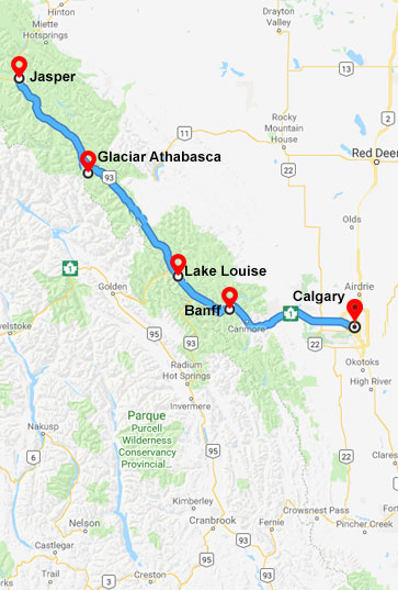 Mapa Circuito Calgary a Jasper