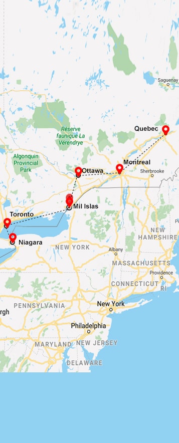 Mapa Circuito Niágara a Quebec