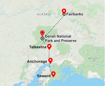 Mapa Tour a las Ciudades de Fairbanks, Denali y Anchorage